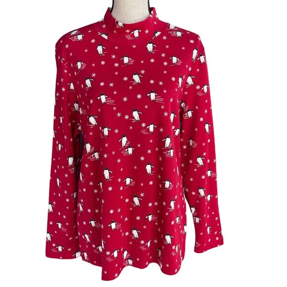 Karen Scott X-Large Top Holiday Penguins Snowflake Long Sleeve Stretch Mock Neck - Picture 1 of 8
